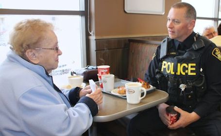 South Bruce OPP officers welcome people to have coffee with a cop