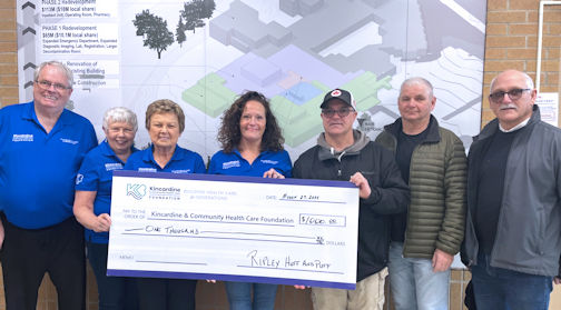 Ripley Huff and Puff hockey team donates $1,000 to Kincardine Hospital capital campaign