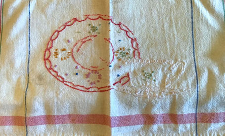 Embroidering a tea towel to treasure