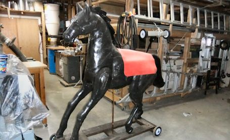 Penetangore, the horse, being refurbished in Stan Kern's workshop