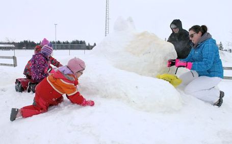 Huge Snow Cat wins snow sculpture contest at Tiverton Winterfest